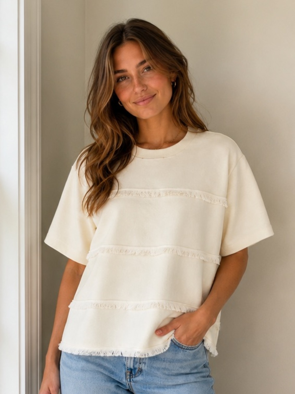 kate spade Cream Short-Sleeve Fringe Detail Top